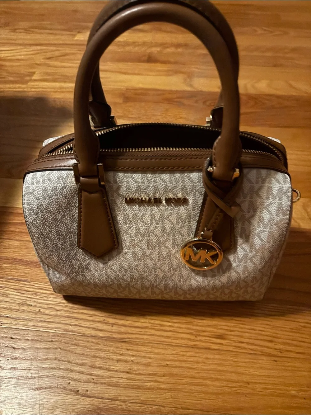 Michael Kors Satchel in Vanilla and Brown with Striped Shoulder Strap